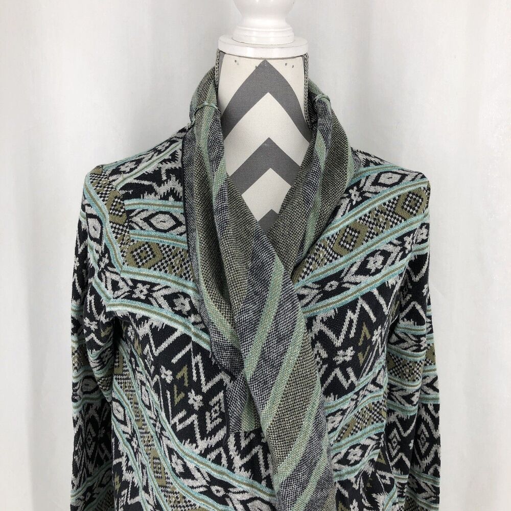 BillaBong Open Fly Away Long Sleeve Aztec Teal Black Cardigan Sweater Wrap Large